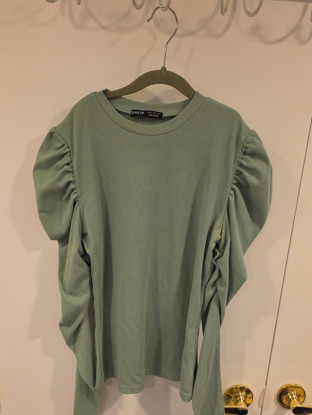SHEIN Sage Green Puff-Sleeve Ribbed Long Sleeve Top M